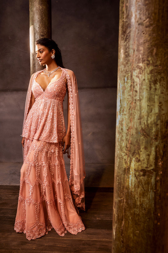 Seema Gujral - Rose Pink Sequin Sharara Set