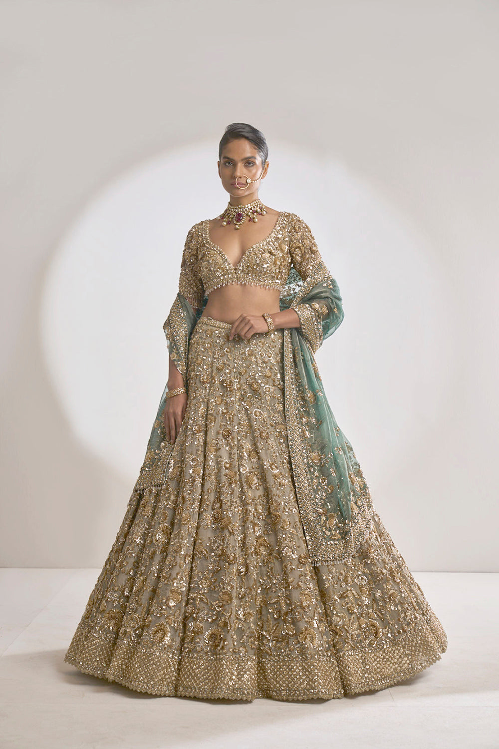 Seema Gujral - Champagne Zardozi Lehenga Set
