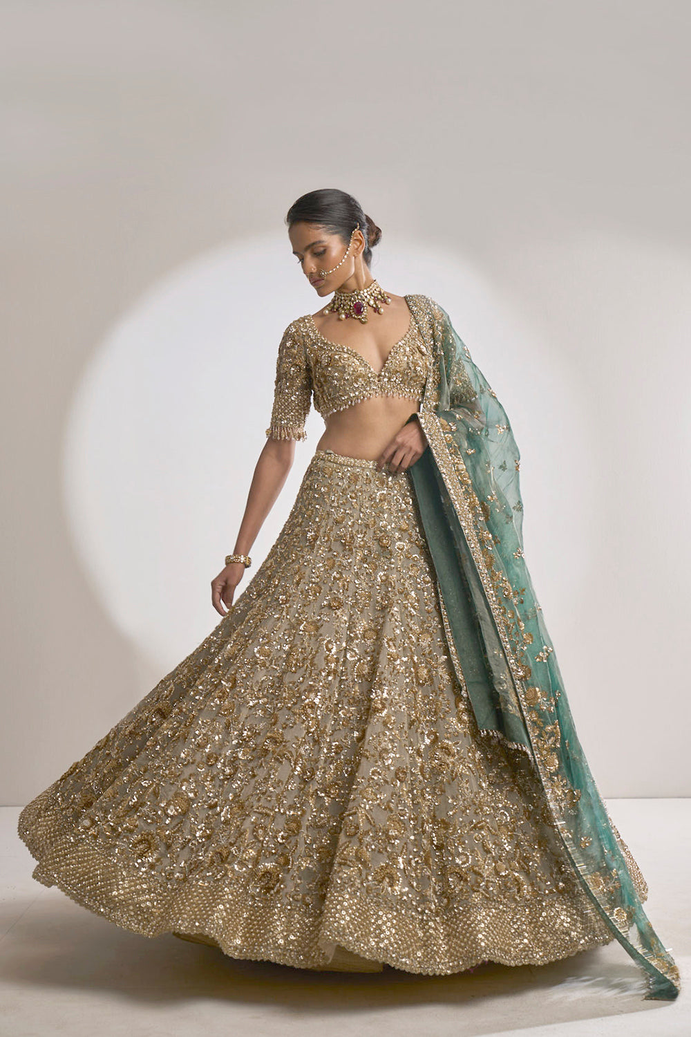 Seema Gujral - Champagne Zardozi Lehenga Set