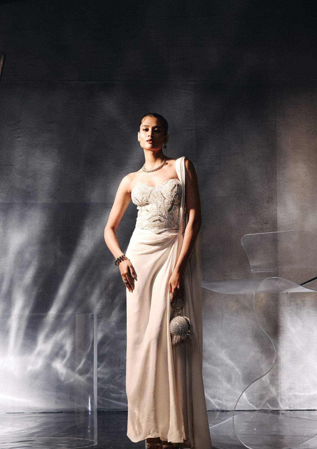 Kalighata Pret -  White Fusion Corset Saree