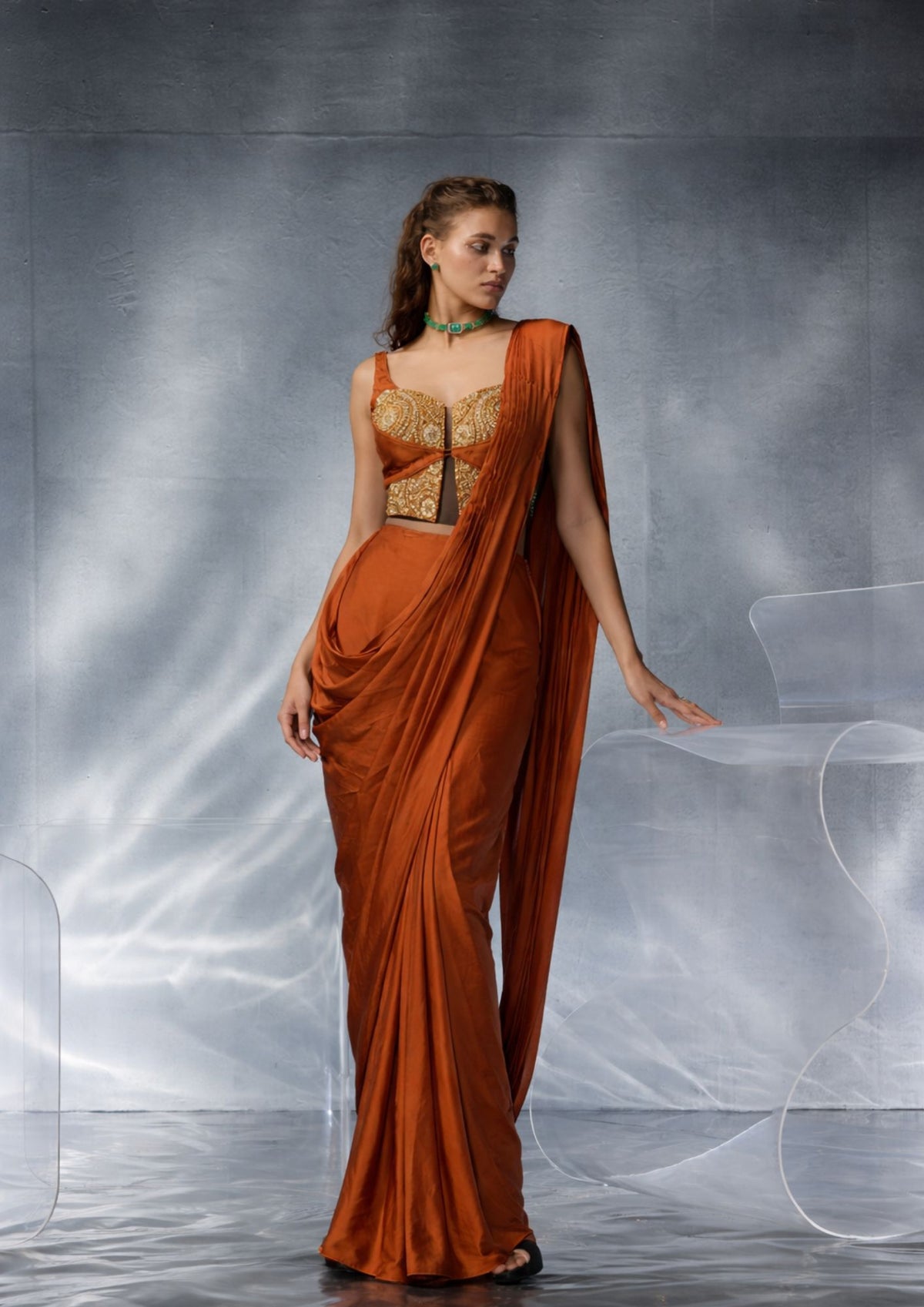 Kalighata Pret -  Rust Indo-Western Saree