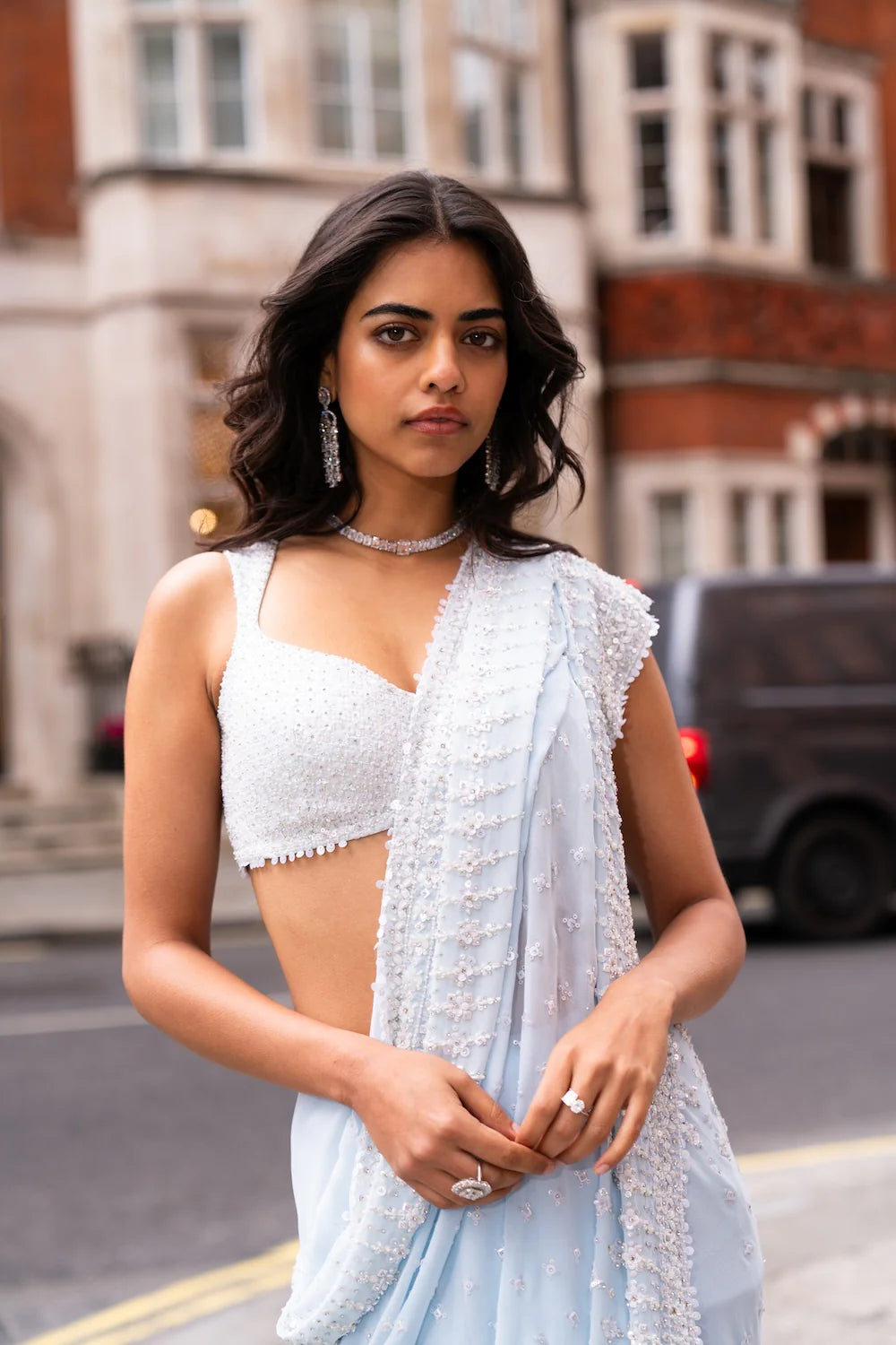 Seema Gujral - Powder Blue Ombré Sequin Saree