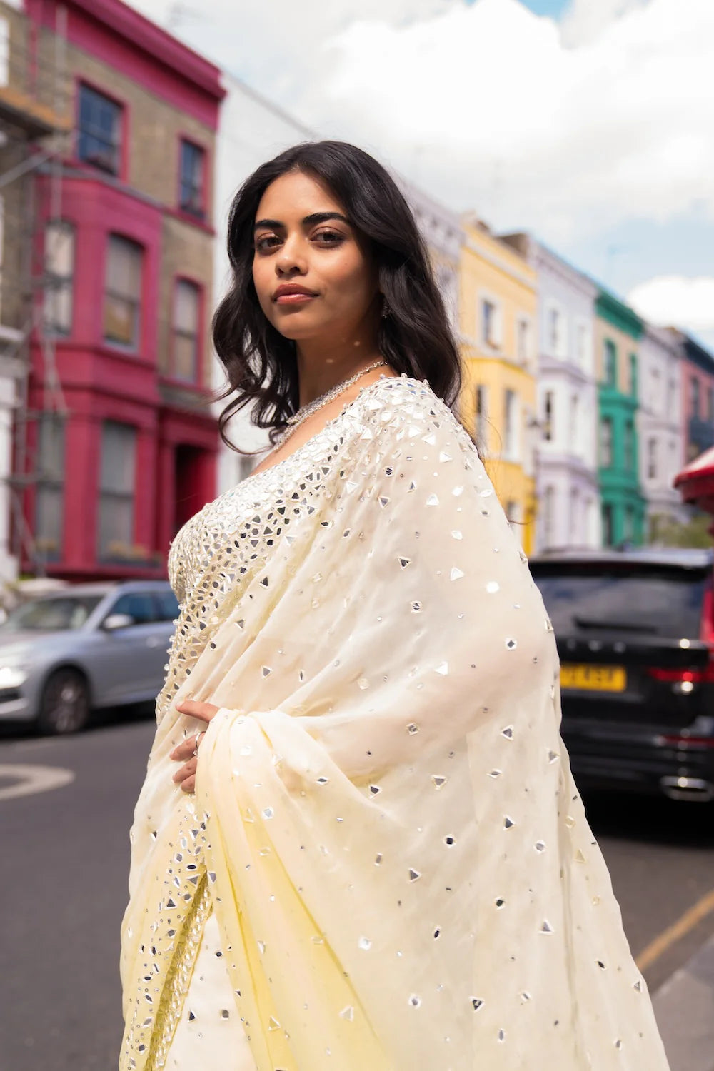 Seema Gujral - Ombré Lemon Mirror Work Saree