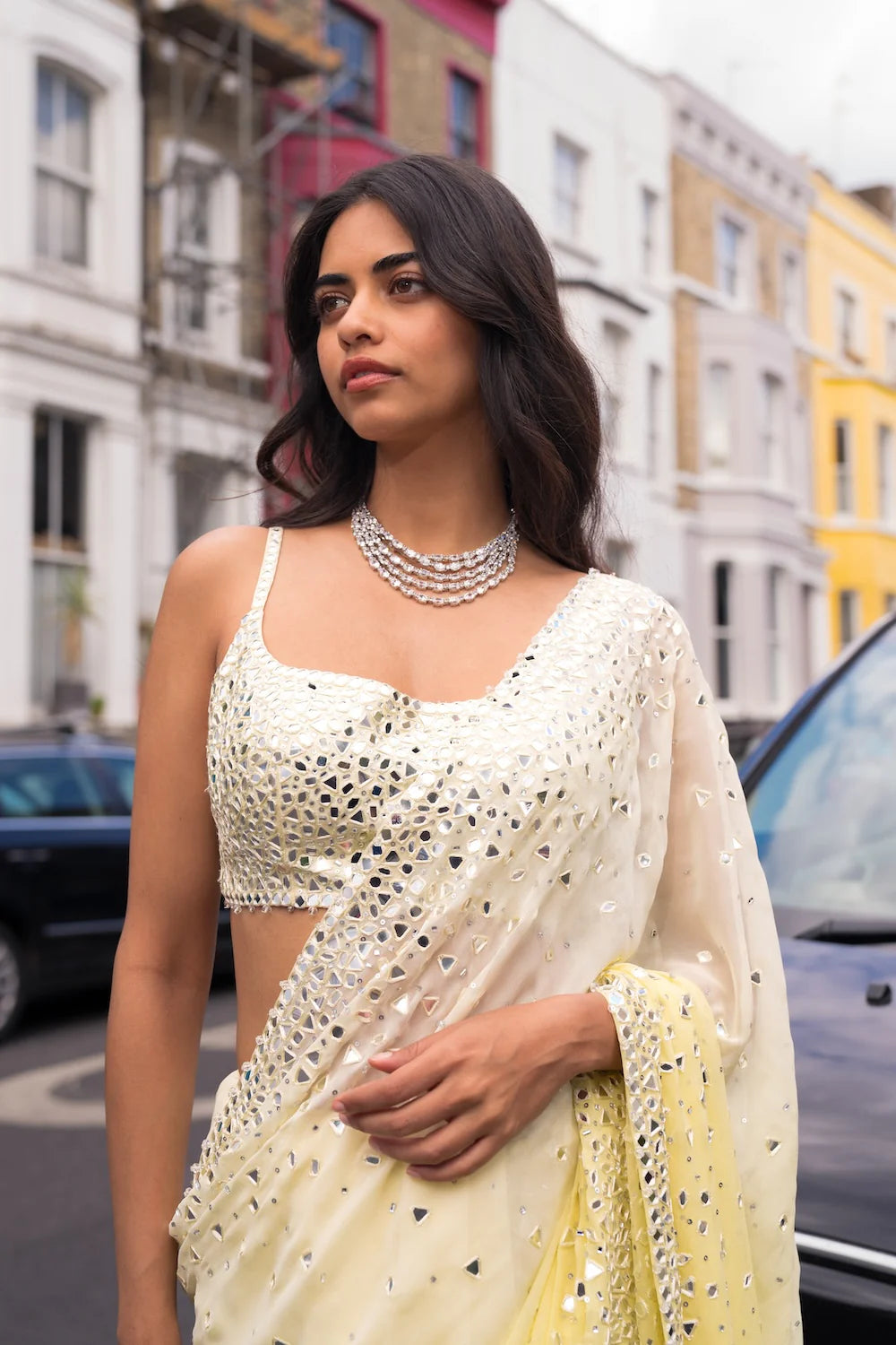 Seema Gujral - Ombré Lemon Mirror Work Saree