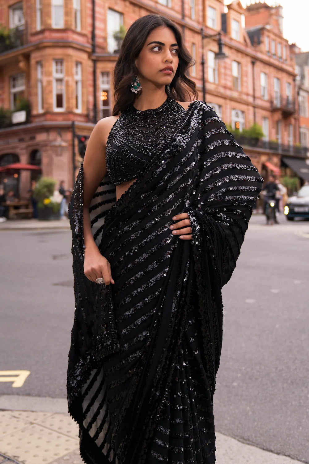 Seema Gujral - Black Sequin &amp; Crystal Saree