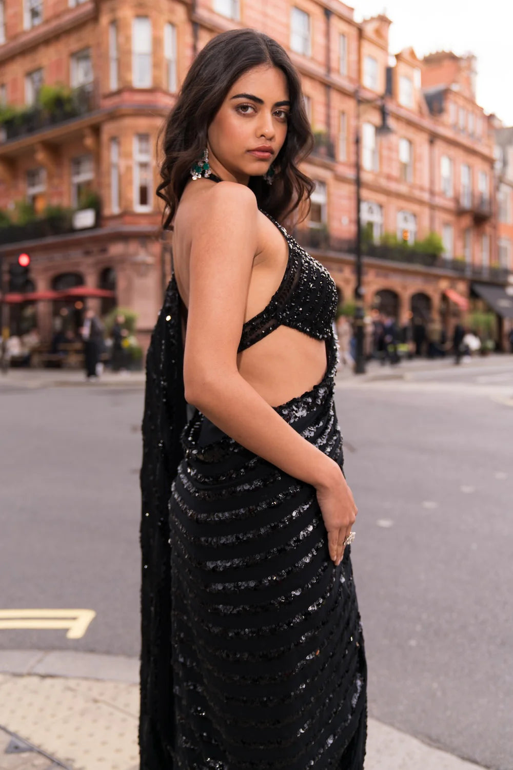 Seema Gujral - Black Sequin &amp; Crystal Saree
