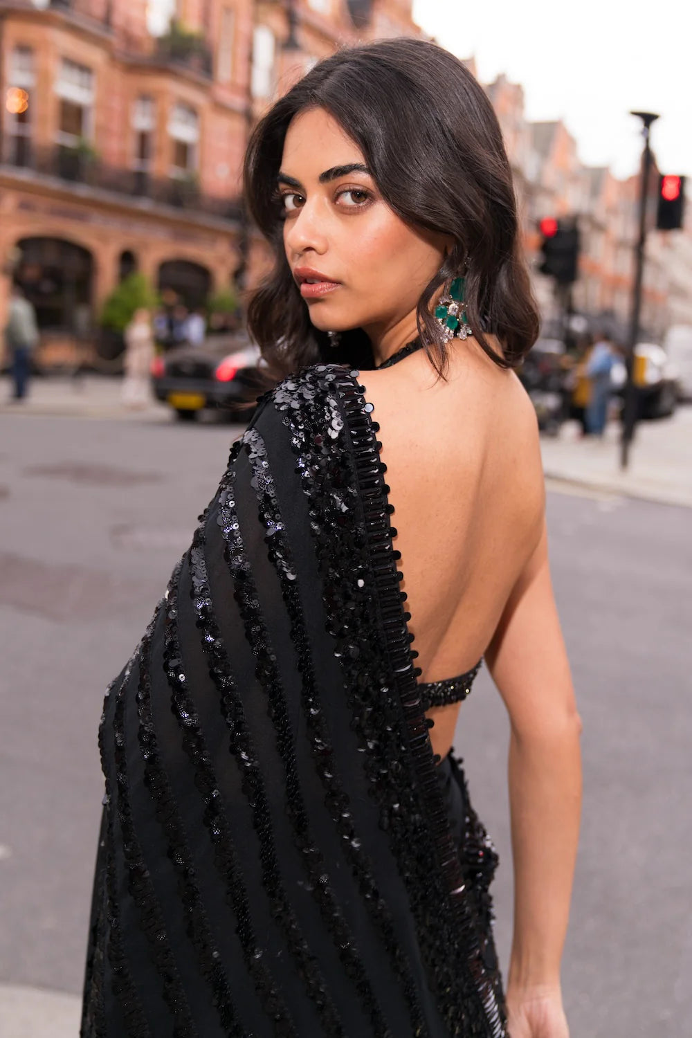 Seema Gujral - Black Sequin &amp; Crystal Saree