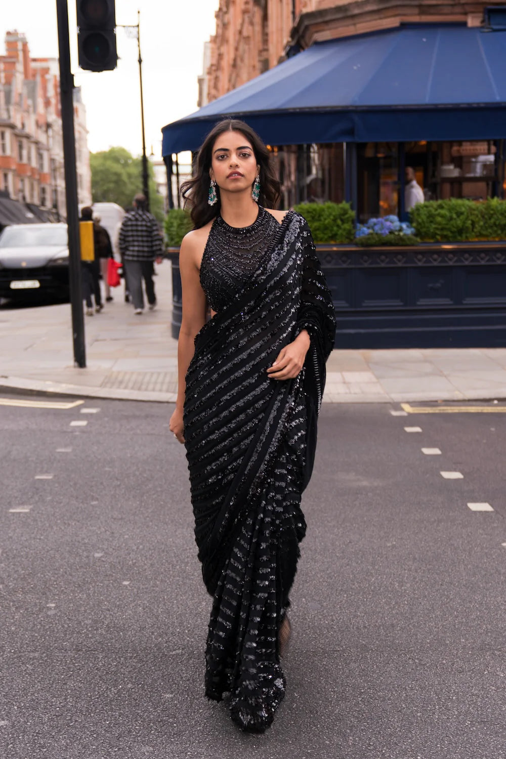 Seema Gujral - Black Sequin &amp; Crystal Saree