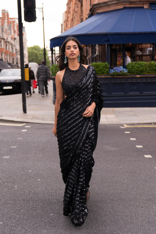 Seema Gujral - Black Sequin &amp; Crystal Saree