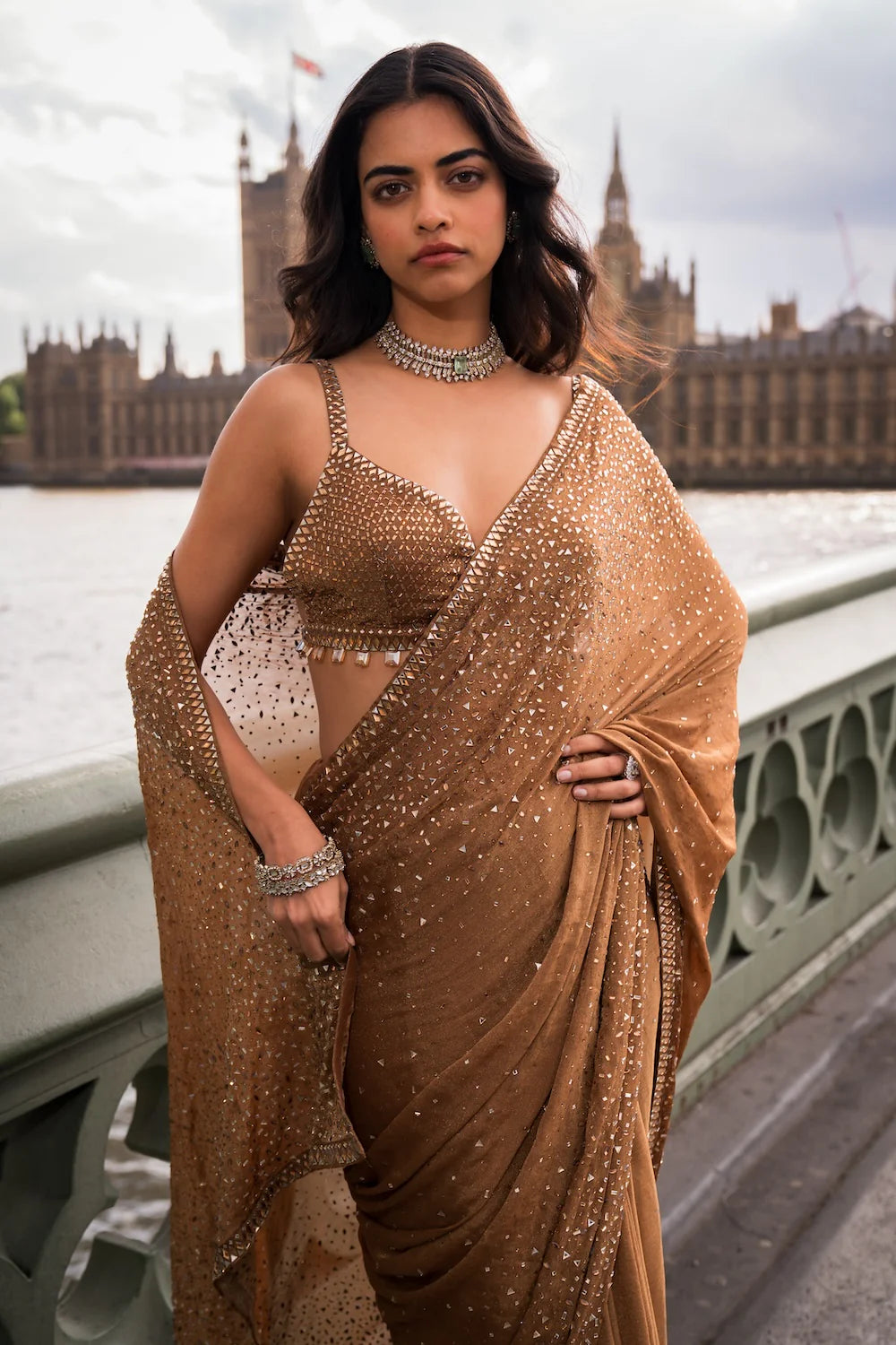Seema Gujral - Antique Gold Crystal Saree