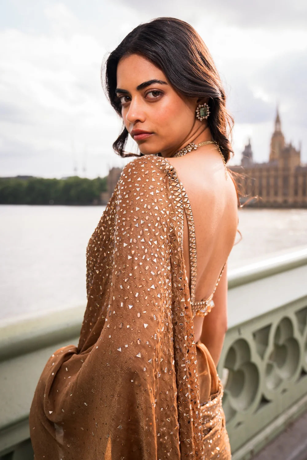 Seema Gujral - Antique Gold Crystal Saree