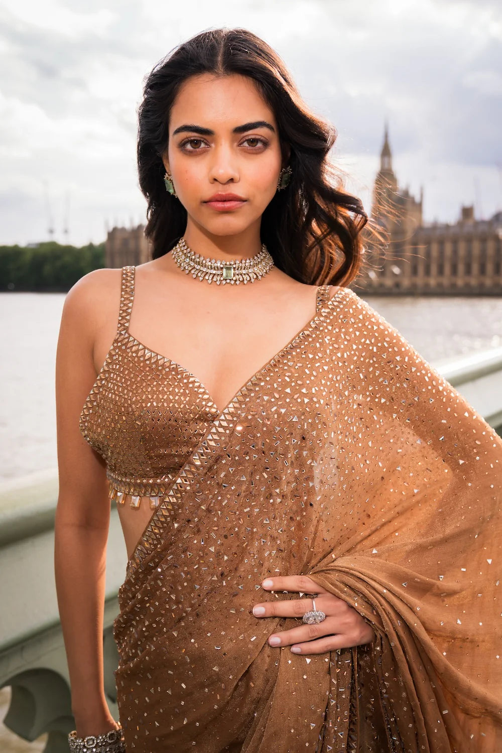 Seema Gujral - Antique Gold Crystal Saree