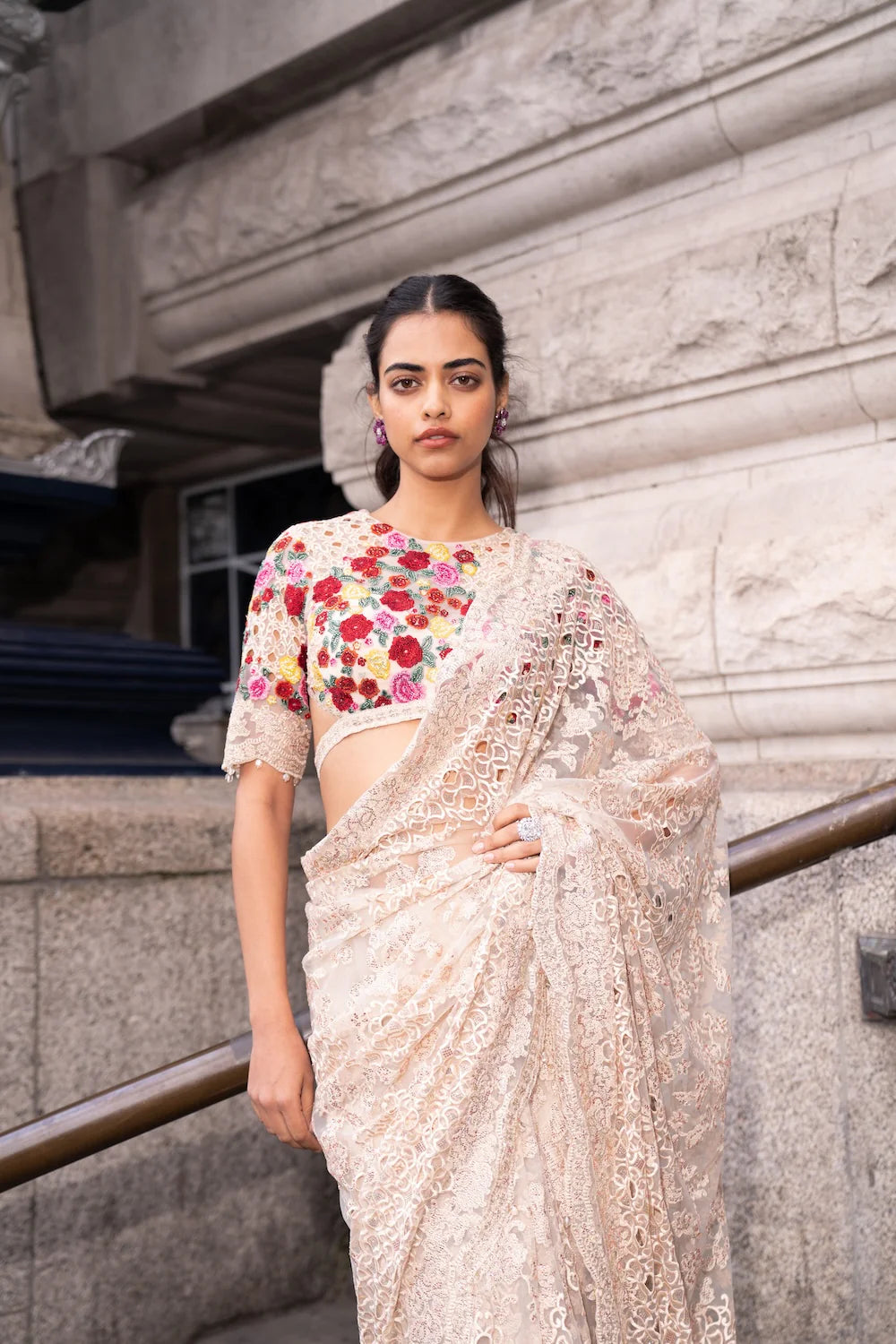 Seema Gujral - Beige Multi-Coloured Thread Work Saree