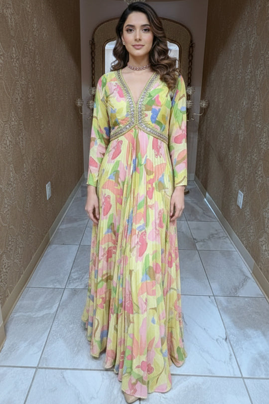 Floral Designer Anarkali Gown in Lemon Yellow & Pink