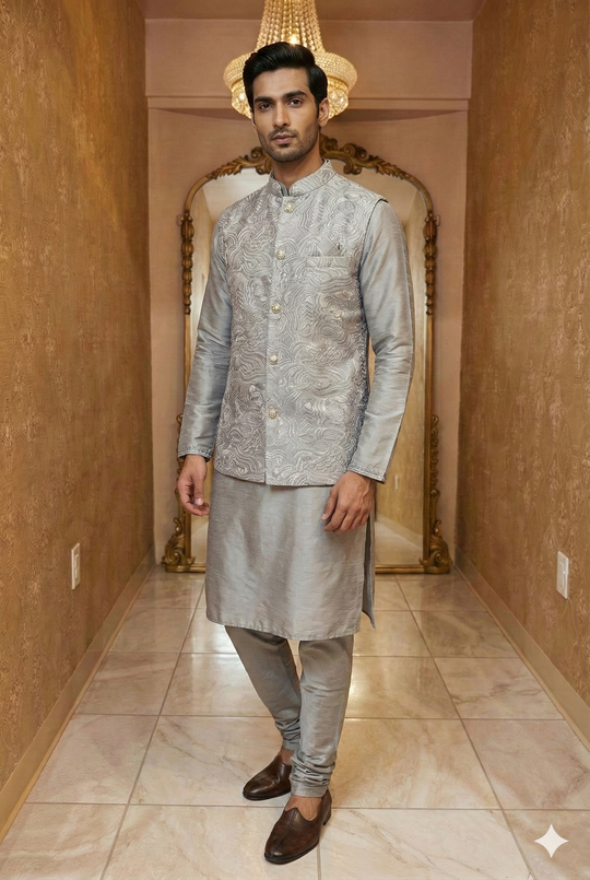 Silver Grey Textured Sherwani Set