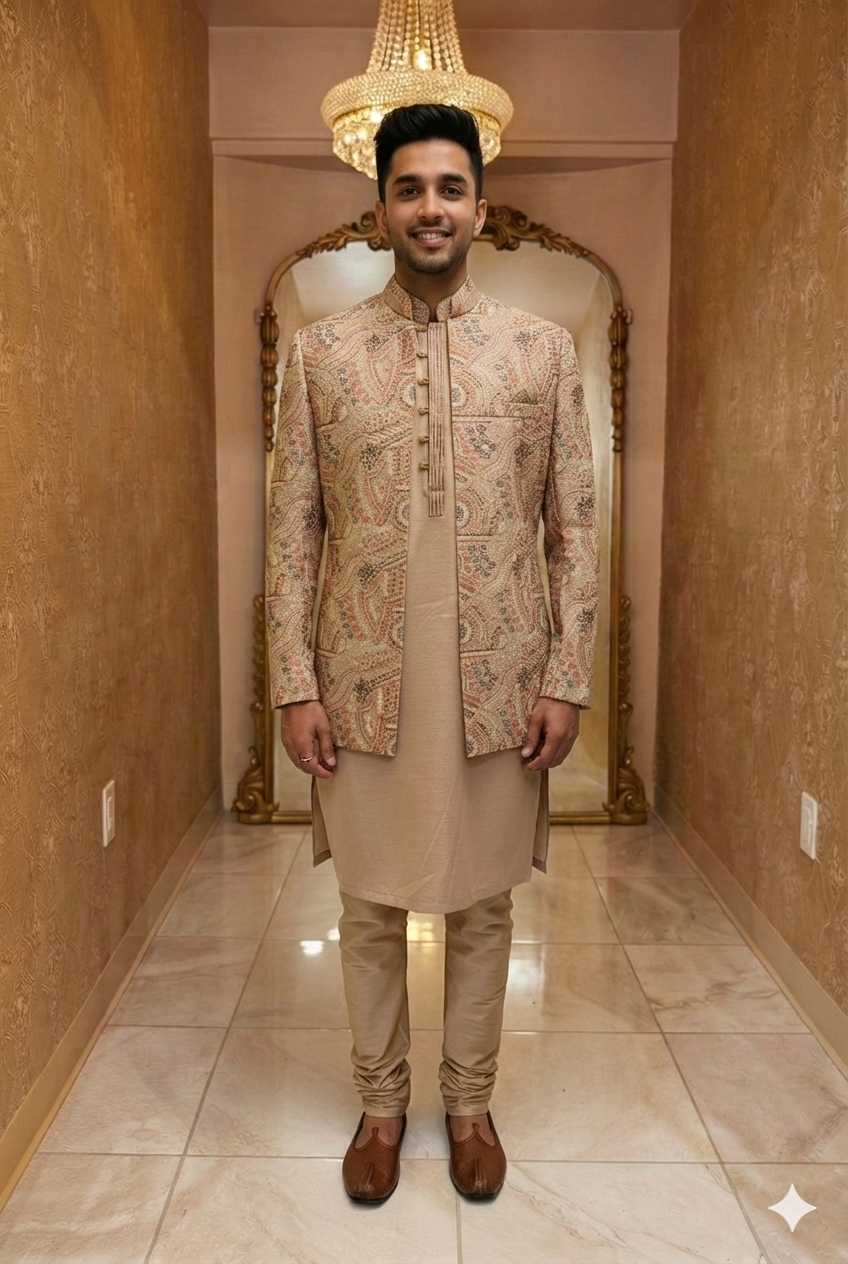 Luxury Beige &amp; Gold Paisley Sherwani