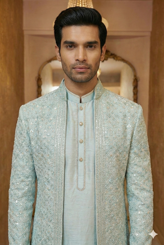Mint Blue Embroidered Sherwani