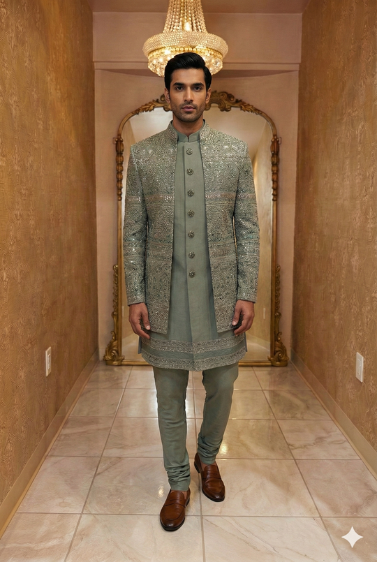 Sage Green Embroidered Sherwani