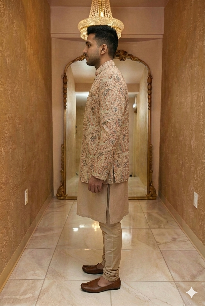 Luxury Beige &amp; Gold Paisley Sherwani