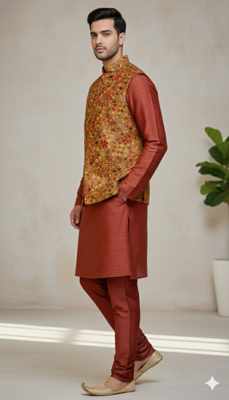 Rust Floral Sherwani With Jacket