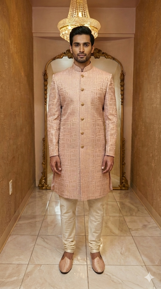 Peach Geometric Jacquard Sherwani