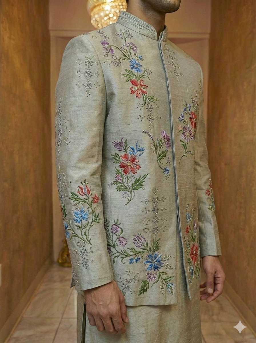 Grey Floral Open Jacket Sherwani