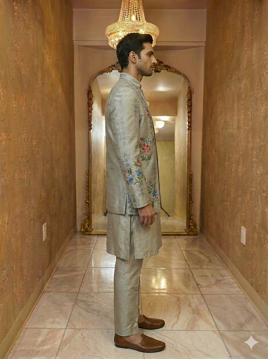 Grey Floral Open Jacket Sherwani