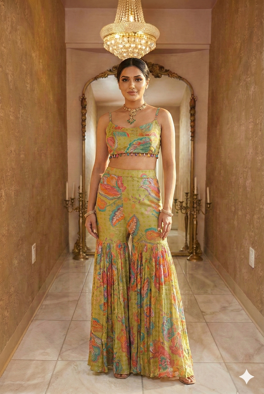 Lime Green Floral Kaftan & Sharara Set