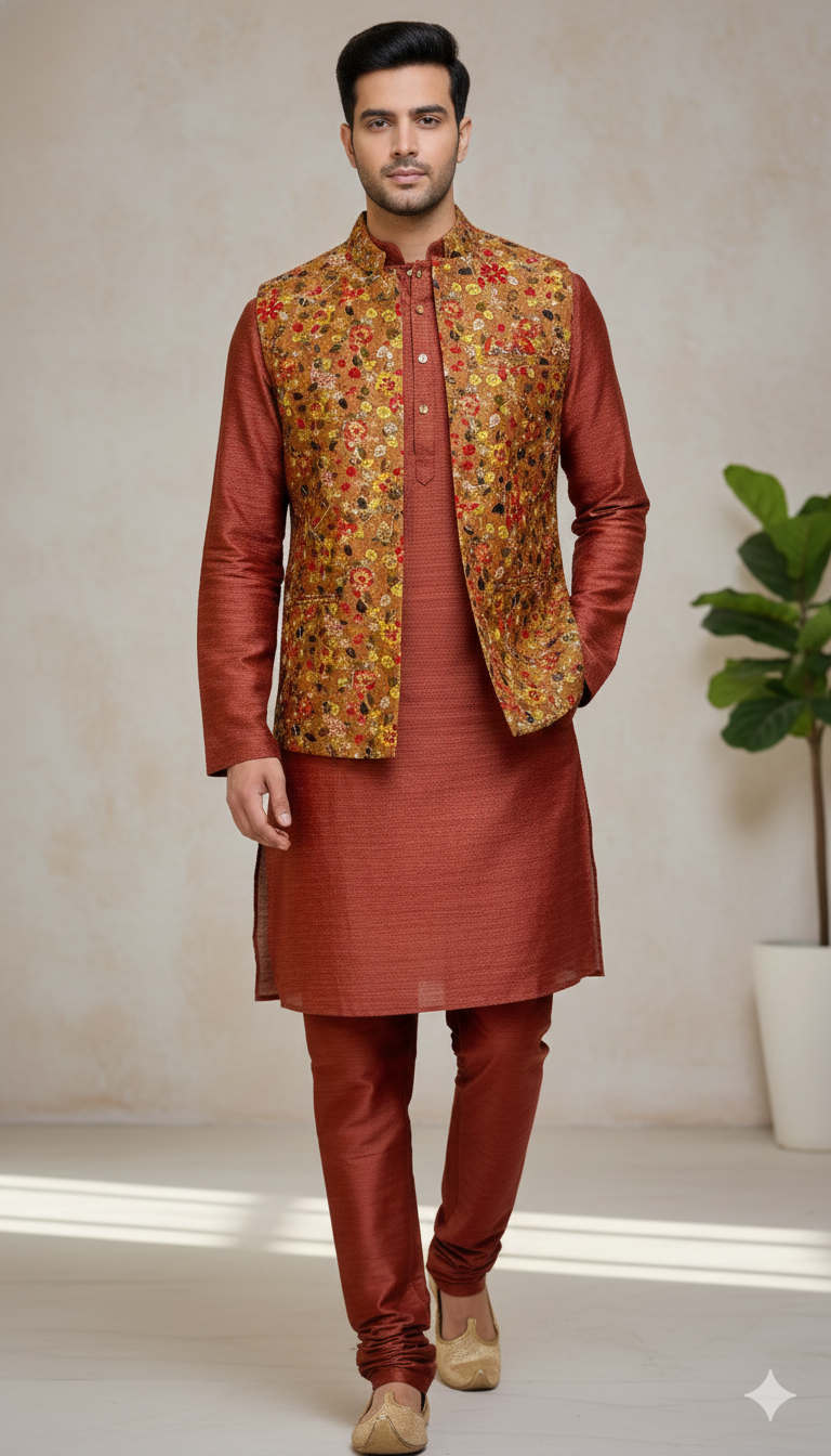 Rust Floral Sherwani With Jacket