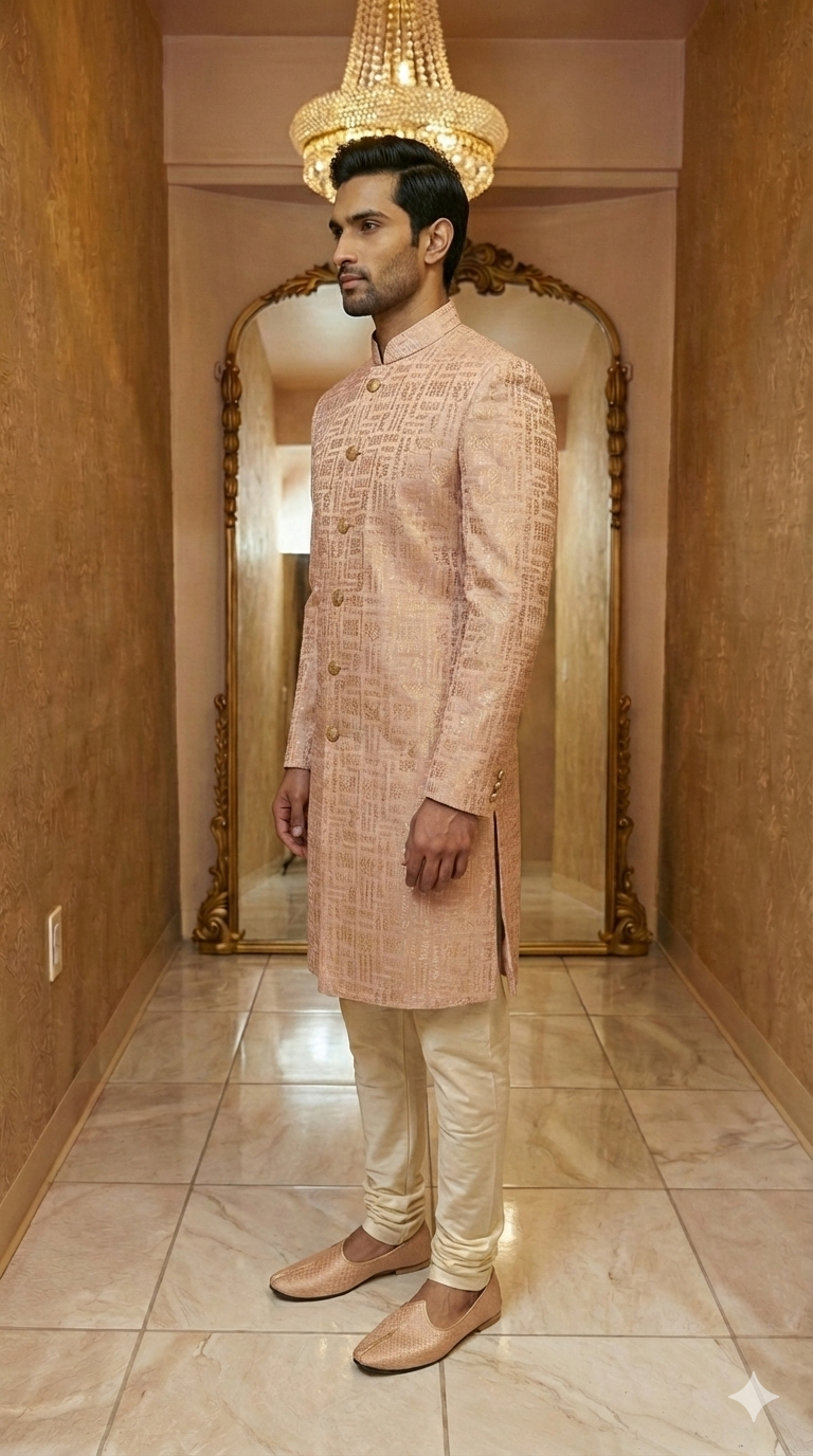 Peach Geometric Jacquard Sherwani