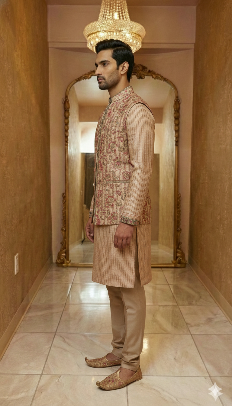 Beige Floral Sherwani Jacket