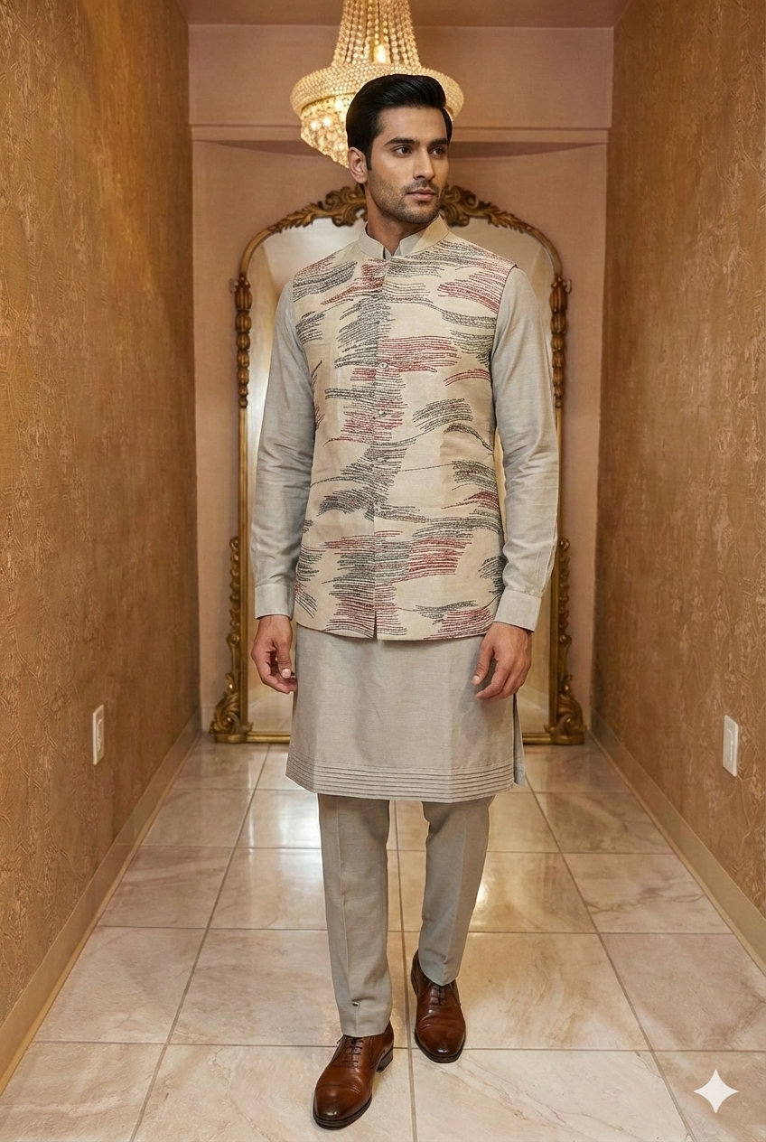Grey Abstract Print Sherwani