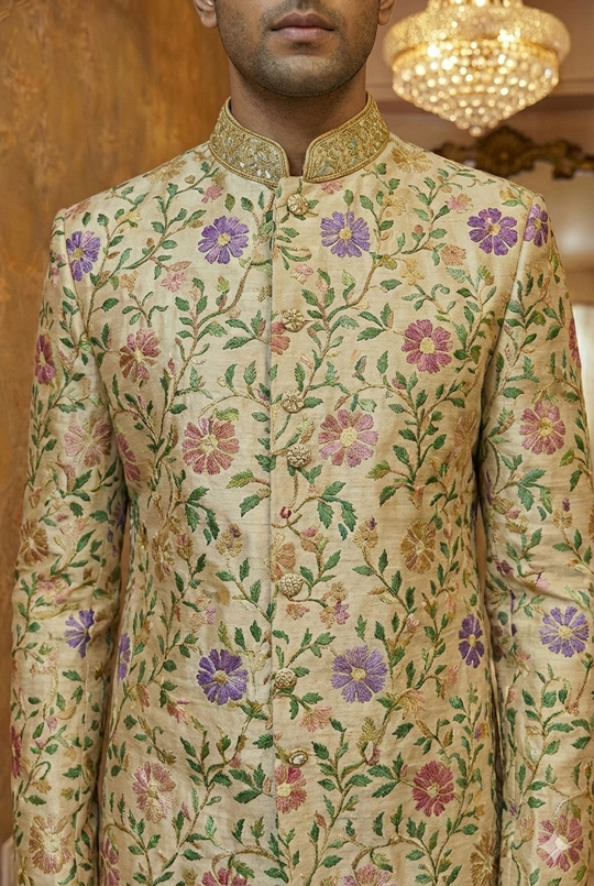 Beige Floral Embroidered Sherwani
