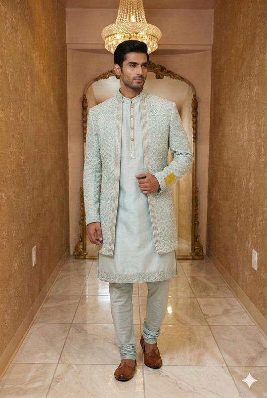 Mint Blue Embroidered Sherwani