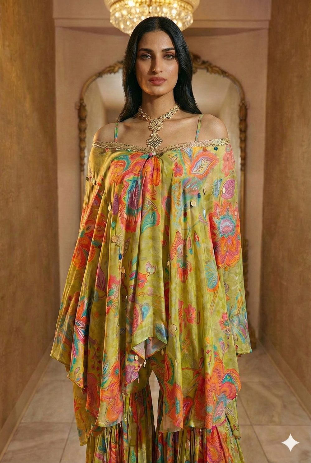 Lime Green Floral Kaftan & Sharara Set