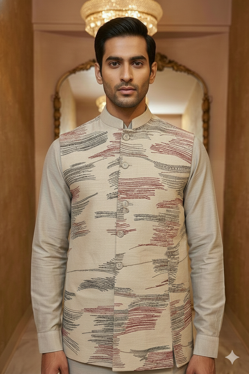 Grey Abstract Print Sherwani