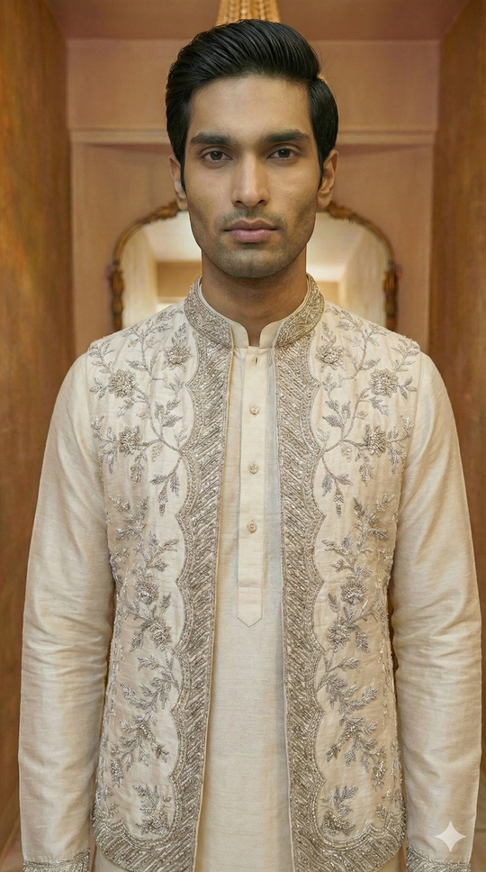 Embroidered Cream Sherwani Jacket