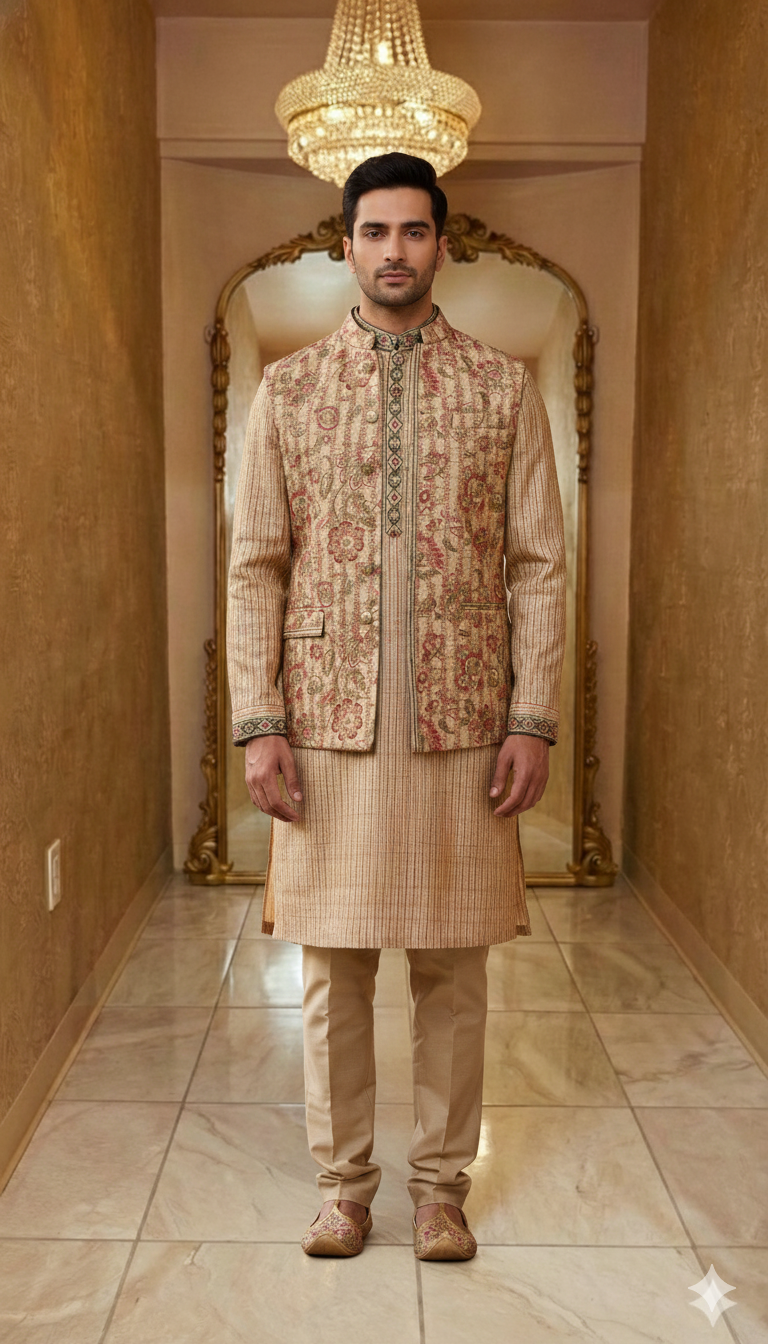 Beige Floral Sherwani Jacket