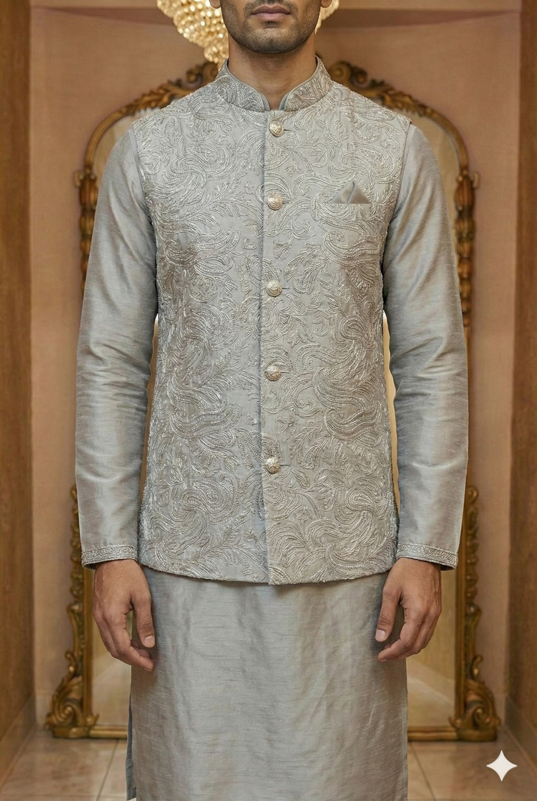 Silver Grey Textured Sherwani Set