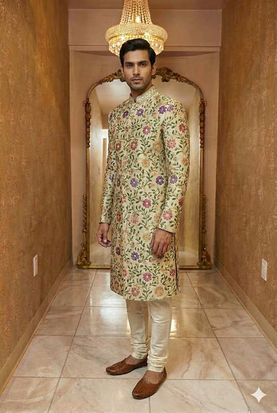 Beige Floral Embroidered Sherwani
