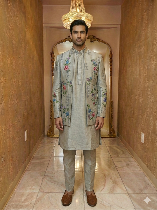 Grey Floral Open Jacket Sherwani