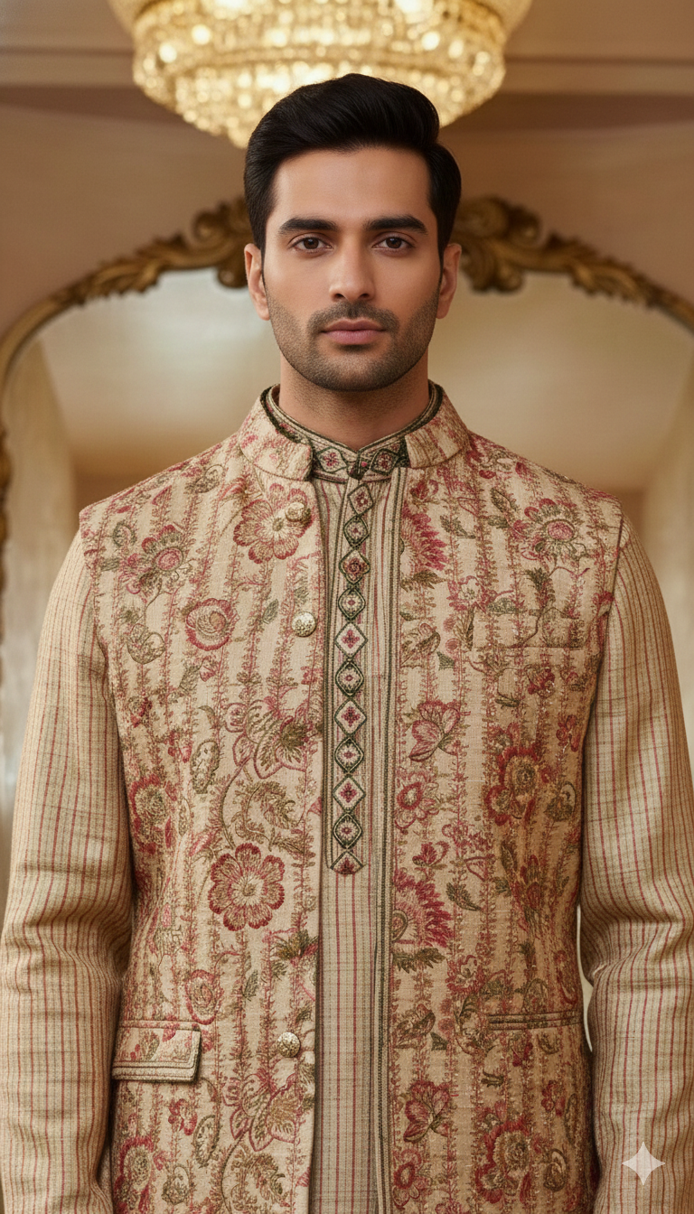 Beige Floral Sherwani Jacket