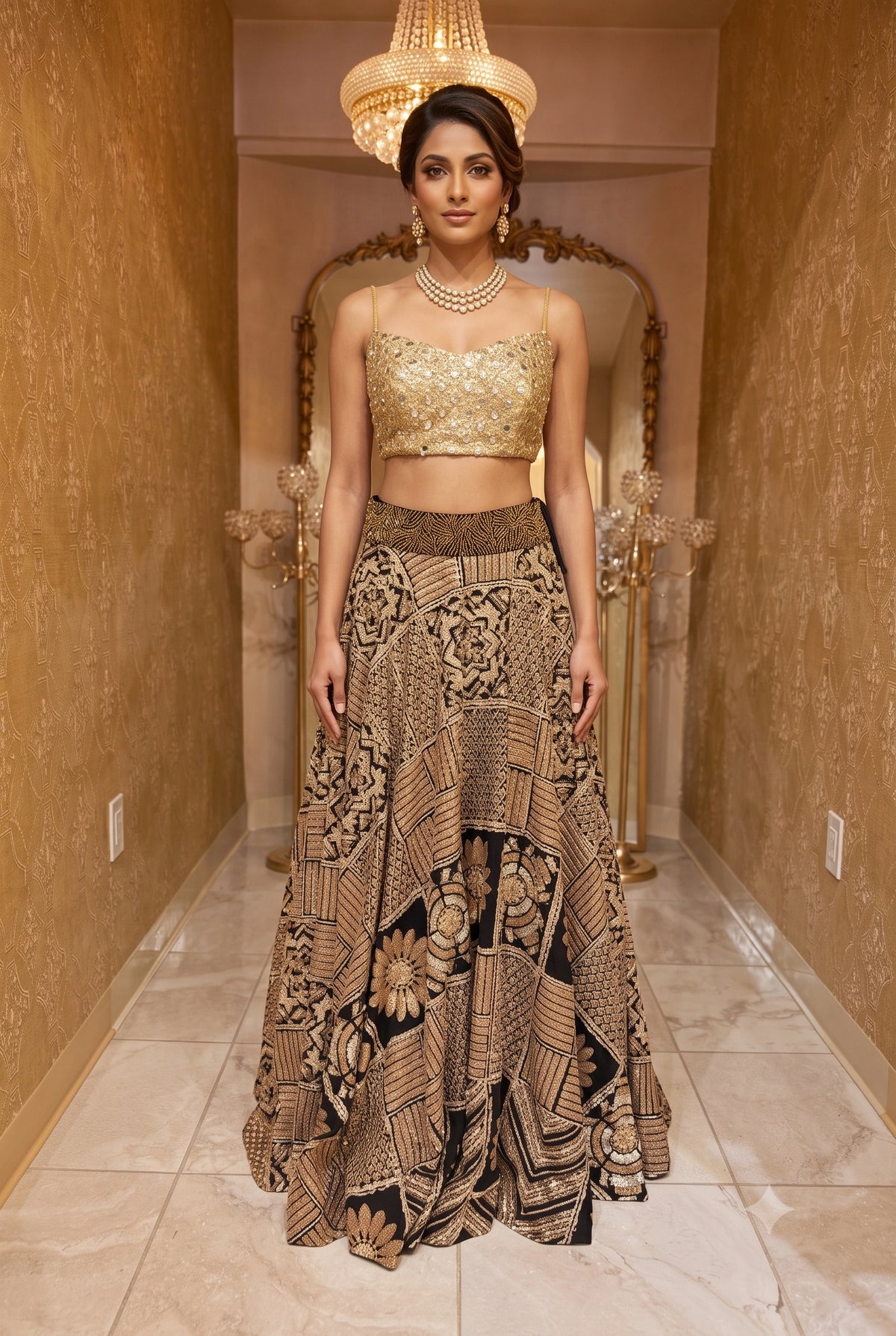 Gold Sequined Choli &amp; Geometric Print Silk Lehenga Set
