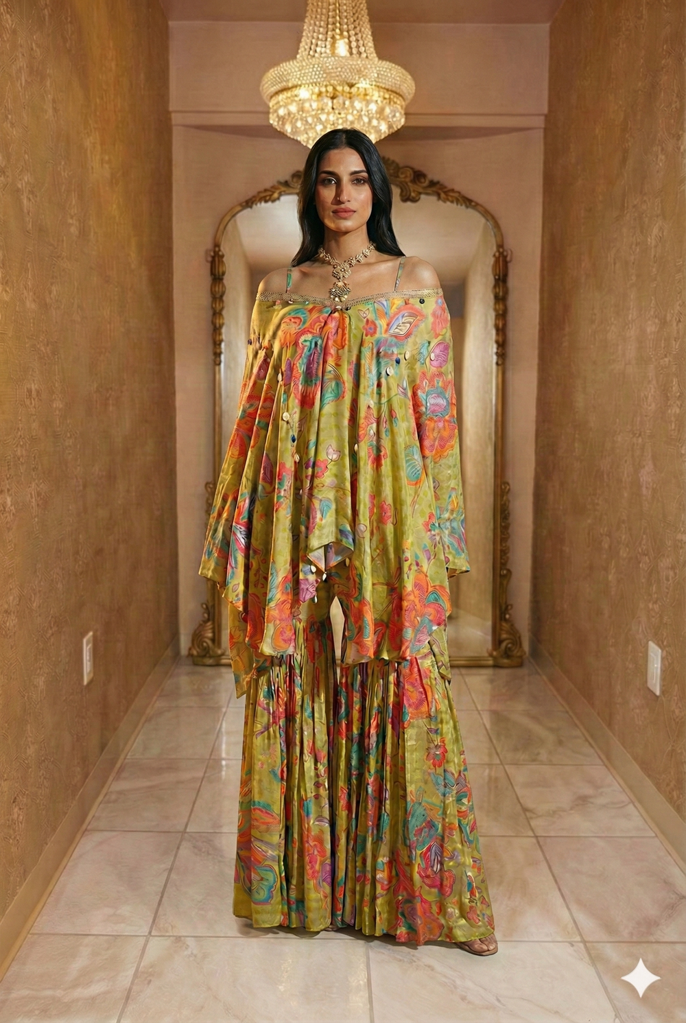 Lime Green Floral Kaftan & Sharara Set