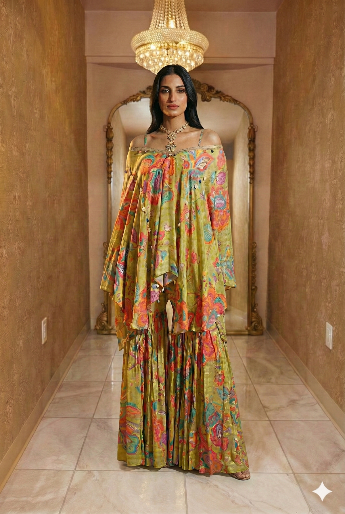 Lime Green Floral Kaftan &amp; Sharara Set