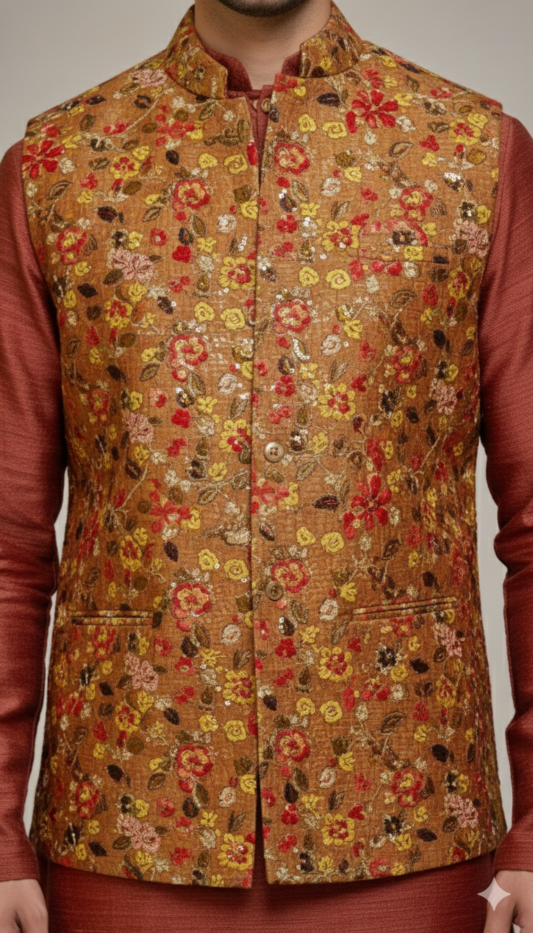 Rust Floral Sherwani With Jacket