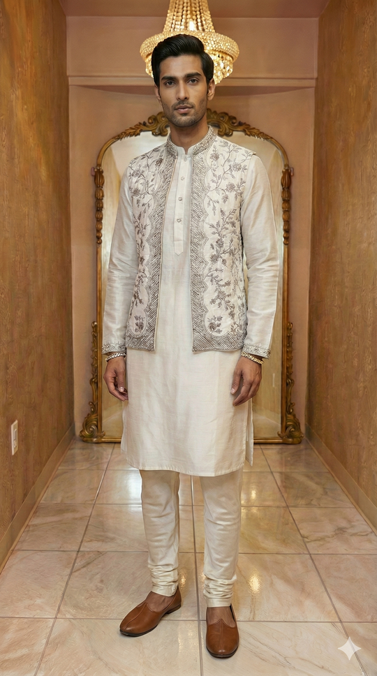 Embroidered Cream Sherwani Jacket