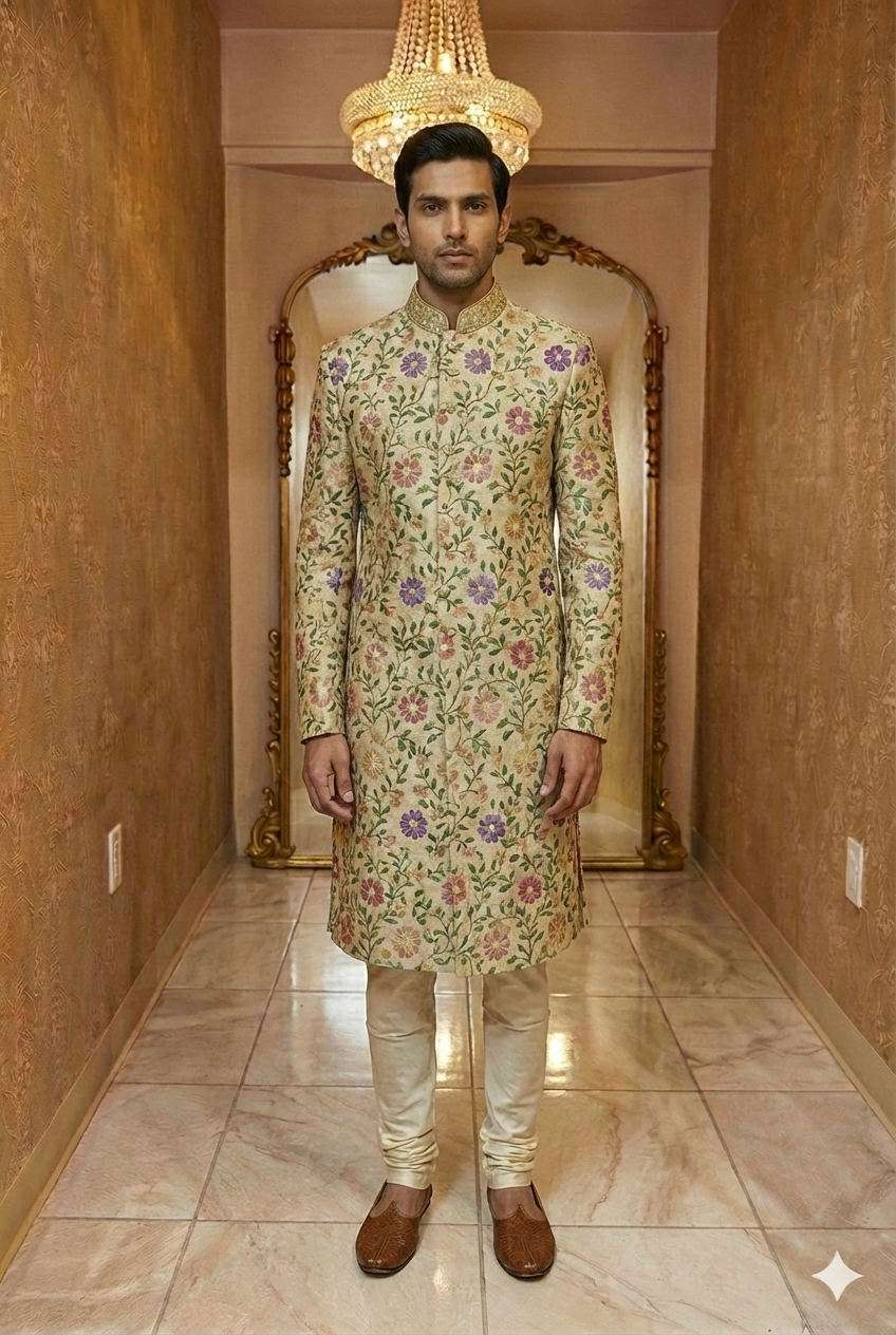 Beige Floral Embroidered Sherwani