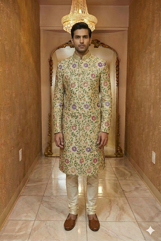 Beige Floral Embroidered Sherwani
