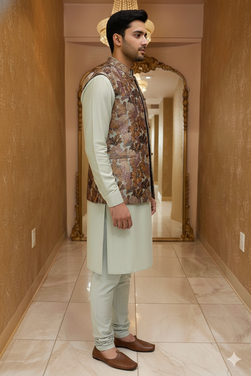 Mint Green Sherwani with Waistcoat
